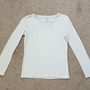 Talbots Metallic Gold Striped Ivory Long Sleeve V-Neck Petite Top Shirt Size S
